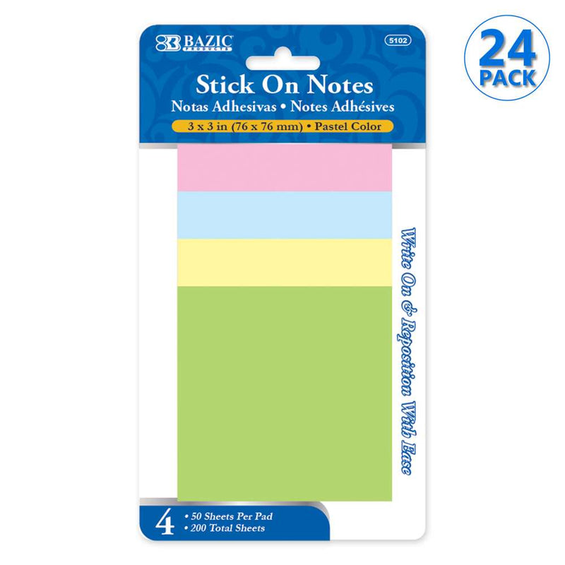 Stick On Notes 3" X 3" 50 Ct. (4/Pack)
