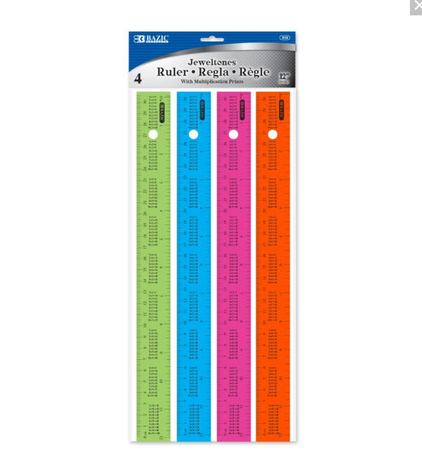 Ruler w/ Multiplication Prints 12" (30cm)(4/Pack)